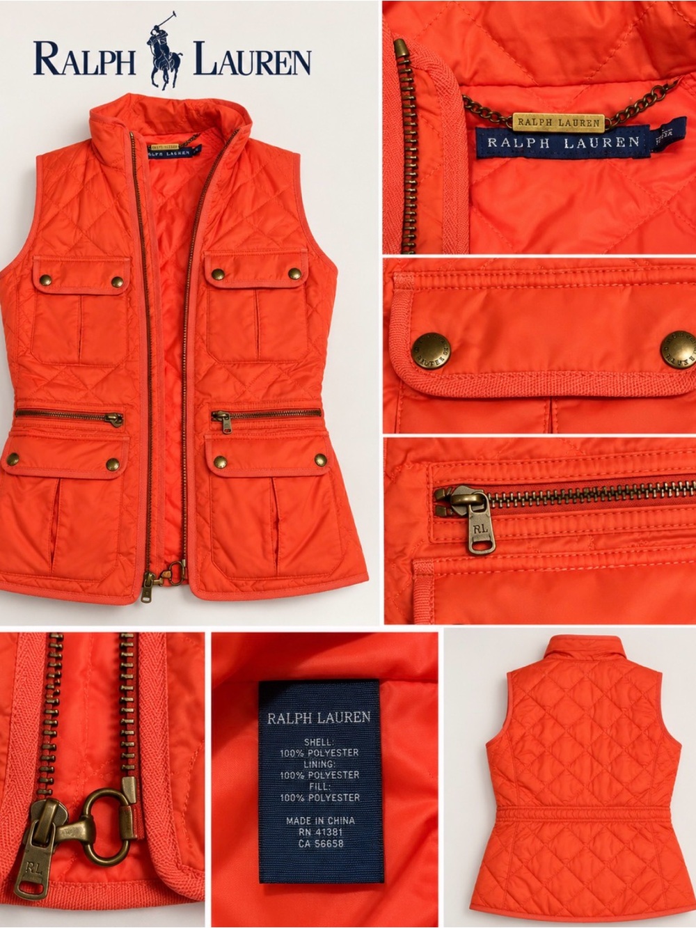 Ralph Lauren Girls Quilted Bright Orange Utility Vest